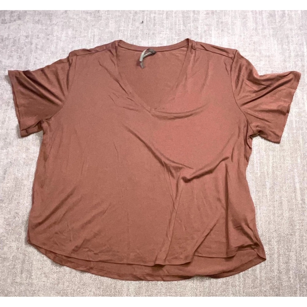 By Anthropologie Blouse Top Womens XL Mauve Brown Short Sleeve V Neck Curved Hem